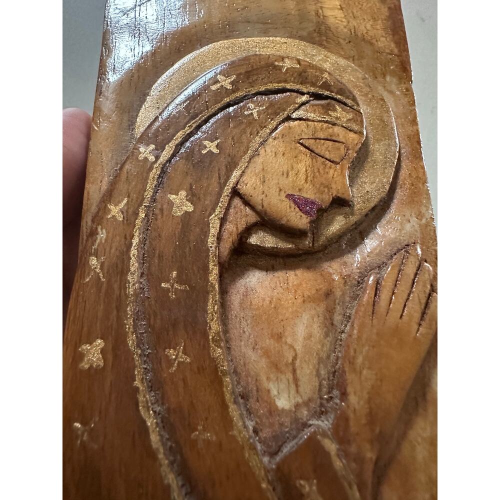 Vintage Virgin Mary Madonna Hand Carved Painted Artist Signed Wooden Plaque 5”